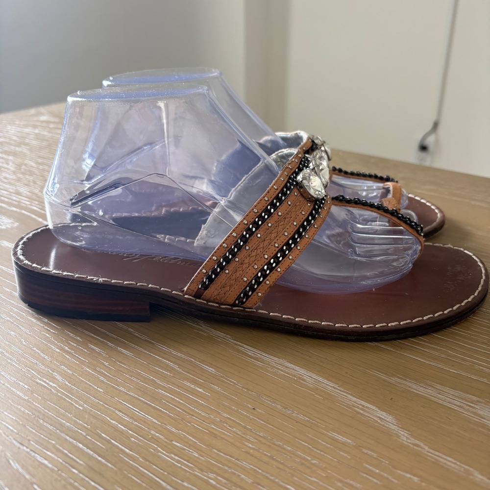 Beverly Feldman Brown Leather Crystal Embellished Toe Ring Sandals Womens 10